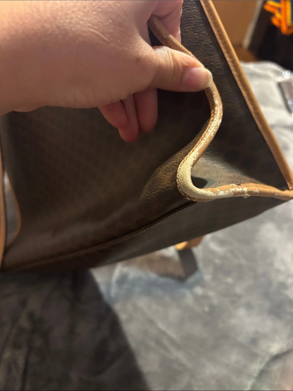 Celine vintage Brown Canvas Laptop Shoulder Bag with Tan Leather Trim